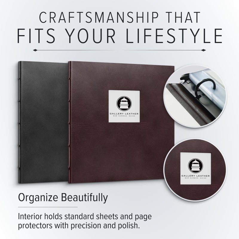 Gallery Leather 3 Ring Binder with Plastic Sleeves, Includes 10 Sheets, Sheet Size: 8.5" x 11" - Presentation Binder Rings with Window and Hubbed Spine, Thick: 0.75" Freeport Mocha - Image 3